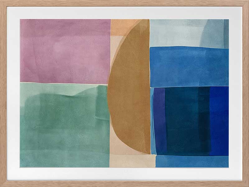 Abstract geometric art Sun Tiles I featuring calming blocks of blues, beige and sea green blocks for contemporary home decor.