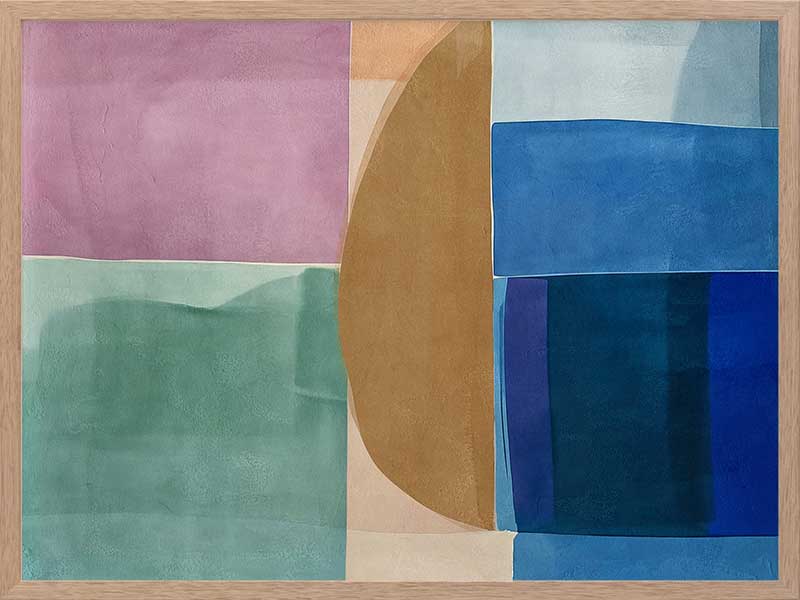 Abstract geometric art Sun Tiles I featuring calming blocks of blues, beige and sea green blocks for contemporary home decor.