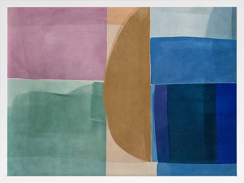 Abstract geometric art Sun Tiles I featuring calming blocks of blues, beige and sea green blocks for contemporary home decor.