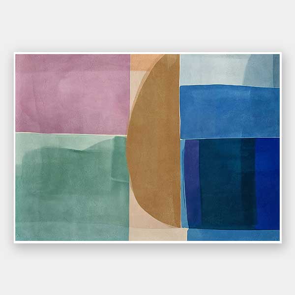 Abstract geometric art Sun Tiles I featuring calming blocks of blues, beige and sea green blocks for contemporary home decor.
