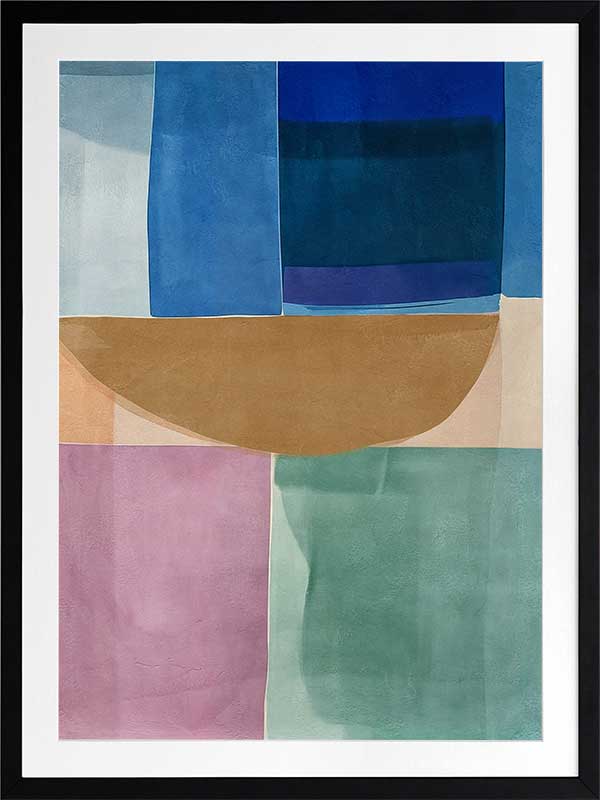Abstract geometric art Sun Tiles I featuring calming blocks of blues, beige and sea green blocks for contemporary home decor.