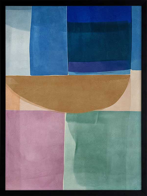 Abstract geometric art Sun Tiles I featuring calming blocks of blues, beige and sea green blocks for contemporary home decor.