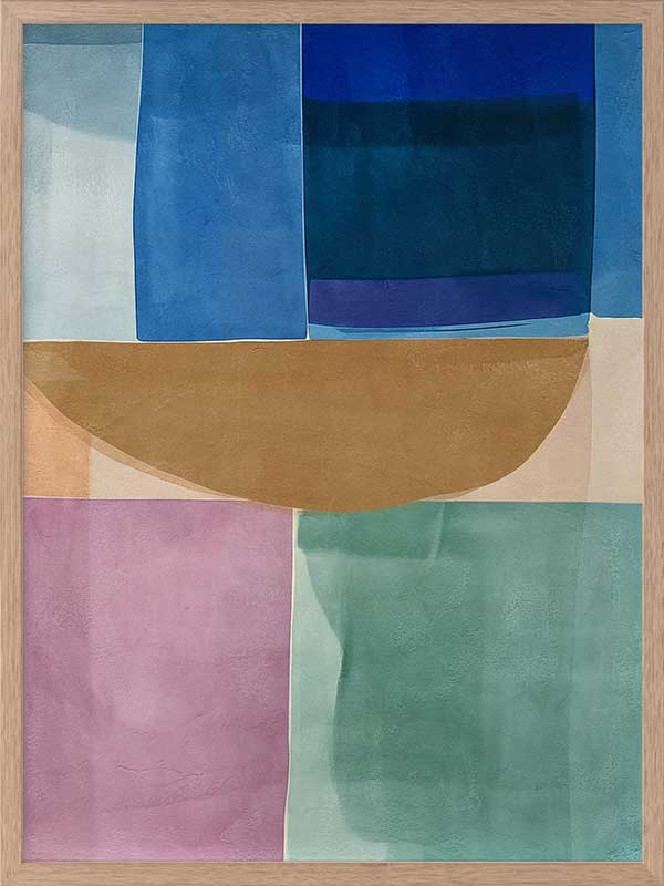 Abstract geometric art Sun Tiles I featuring calming blocks of blues, beige and sea green blocks for contemporary home decor.