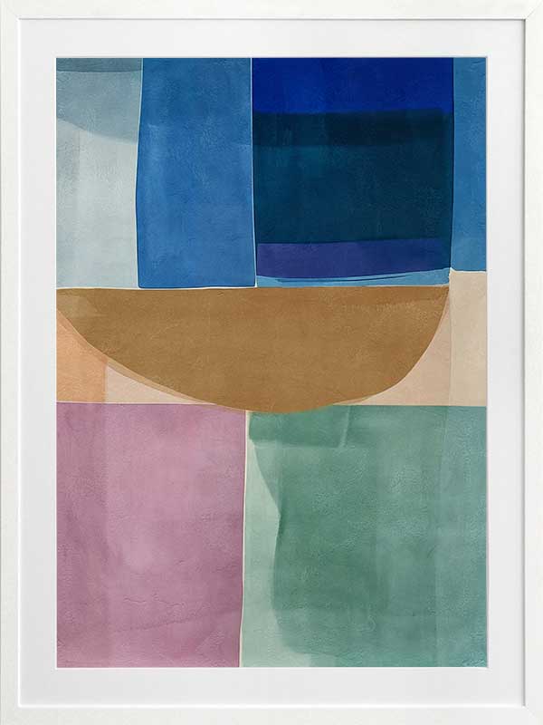 Abstract geometric art Sun Tiles I featuring calming blocks of blues, beige and sea green blocks for contemporary home decor.
