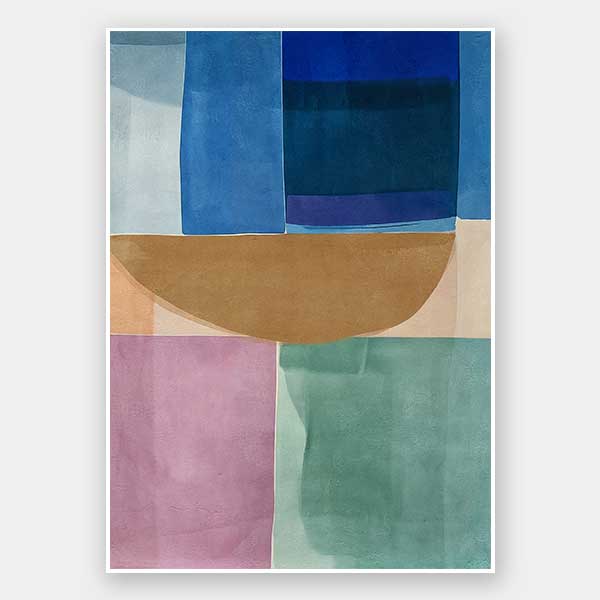 Abstract geometric art Sun Tiles I featuring calming blocks of blues, beige and sea green blocks for contemporary home decor.