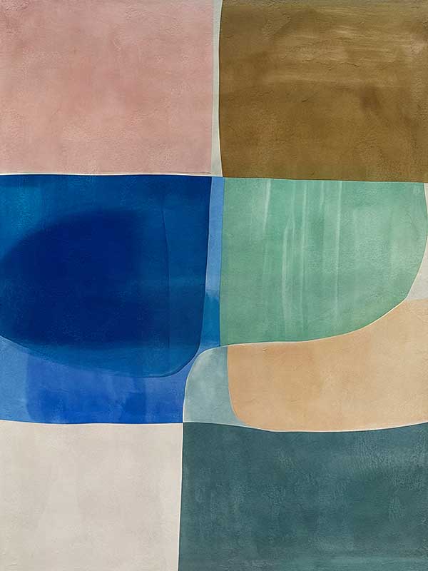 Abstract geometric art Sun Tiles II featuring calming blocks of blues, beige and sea green blocks for contemporary home decor.