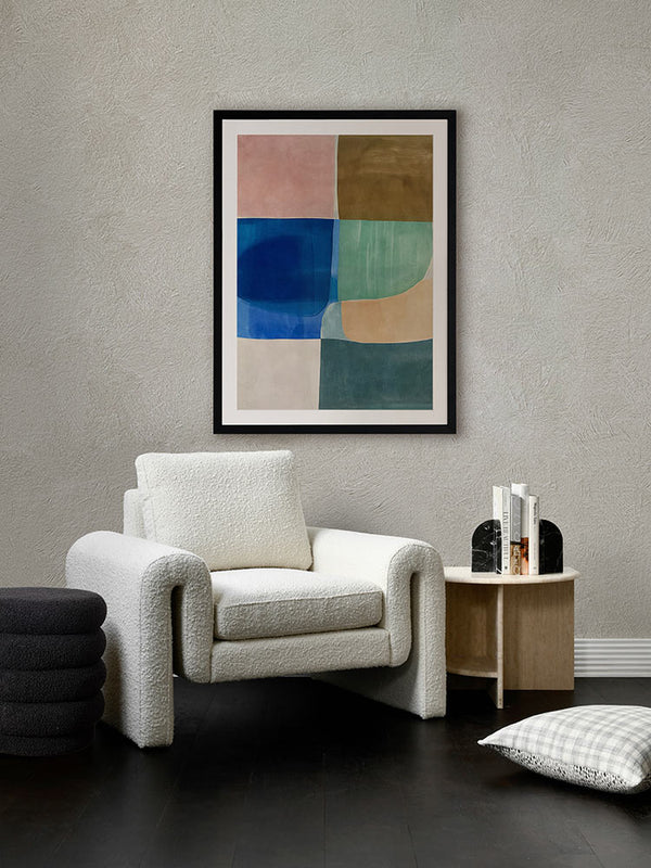 Sun Tiles II geometric abstract artwork styled in a warm-toned living room with velvet chairs and round timber table.