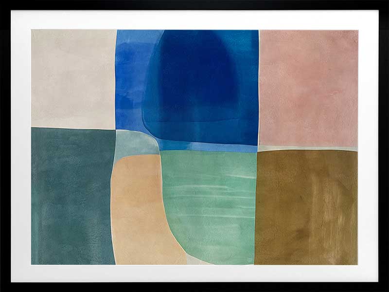 Abstract geometric art Sun Tiles II featuring calming blocks of blues, beige and sea green blocks for contemporary home decor.