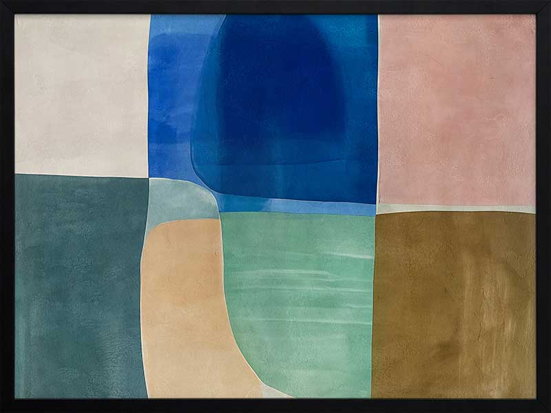 Abstract geometric art Sun Tiles II featuring calming blocks of blues, beige and sea green blocks for contemporary home decor.