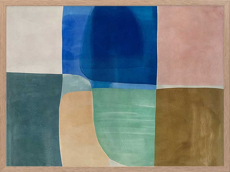 Abstract geometric art Sun Tiles II featuring calming blocks of blues, beige and sea green blocks for contemporary home decor.