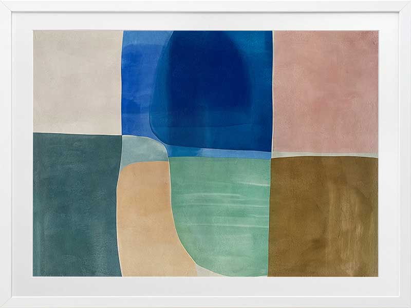 Abstract geometric art Sun Tiles II featuring calming blocks of blues, beige and sea green blocks for contemporary home decor.