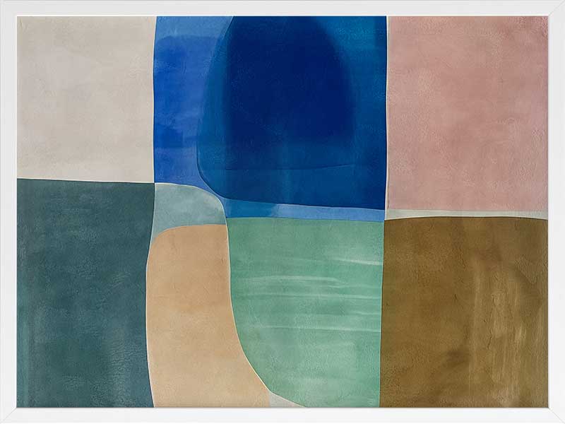 Abstract geometric art Sun Tiles II featuring calming blocks of blues, beige and sea green blocks for contemporary home decor.