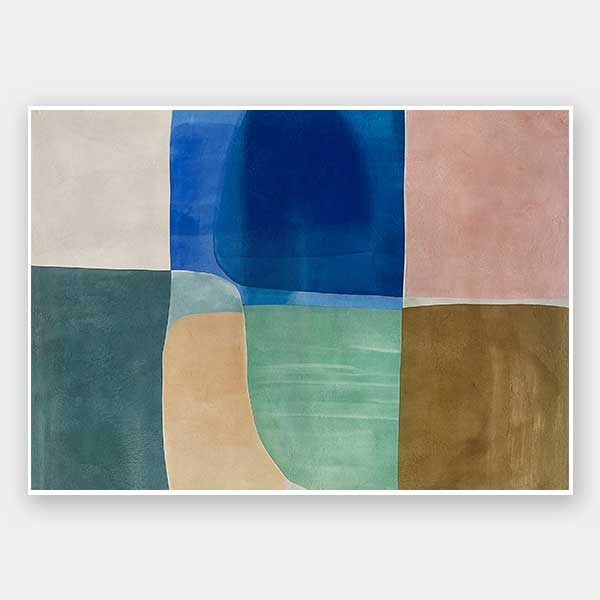 Abstract geometric art Sun Tiles II featuring calming blocks of blues, beige and sea green blocks for contemporary home decor.