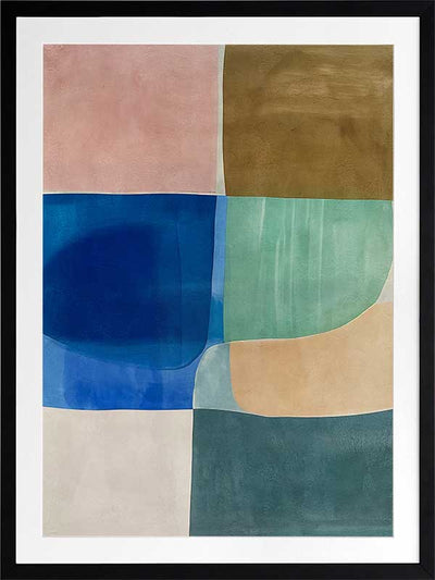 Abstract geometric art Sun Tiles II featuring calming blocks of blues, beige and sea green blocks for contemporary home decor.