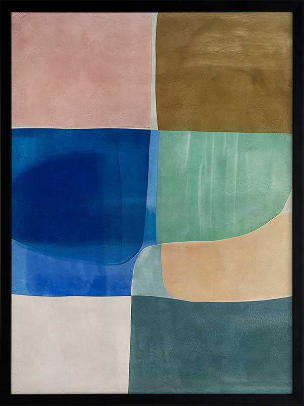 Abstract geometric art Sun Tiles II featuring calming blocks of blues, beige and sea green blocks for contemporary home decor.