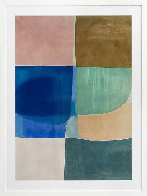 Abstract geometric art Sun Tiles II featuring calming blocks of blues, beige and sea green blocks for contemporary home decor.
