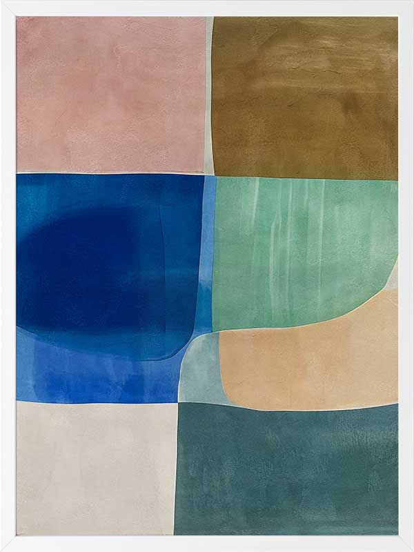 Abstract geometric art Sun Tiles II featuring calming blocks of blues, beige and sea green blocks for contemporary home decor.