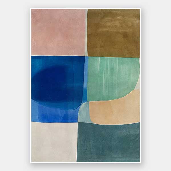 Abstract geometric art Sun Tiles II featuring calming blocks of blues, beige and sea green blocks for contemporary home decor.