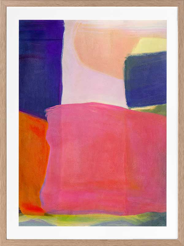 Abstract wall art Neon Dreams with vibrant pink, purple, orange, and green blocks for bold contemporary interiors.