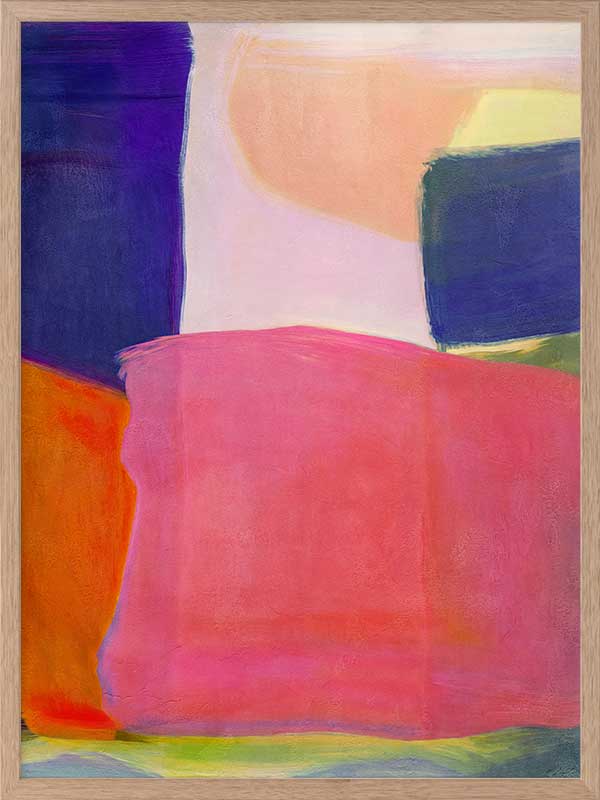 Abstract wall art Neon Dreams with vibrant pink, purple, orange, and green blocks for bold contemporary interiors.