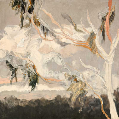 Australian landscape art depicting gum leaves in muted greys, greens, and earthy tones for calm modern interiors.