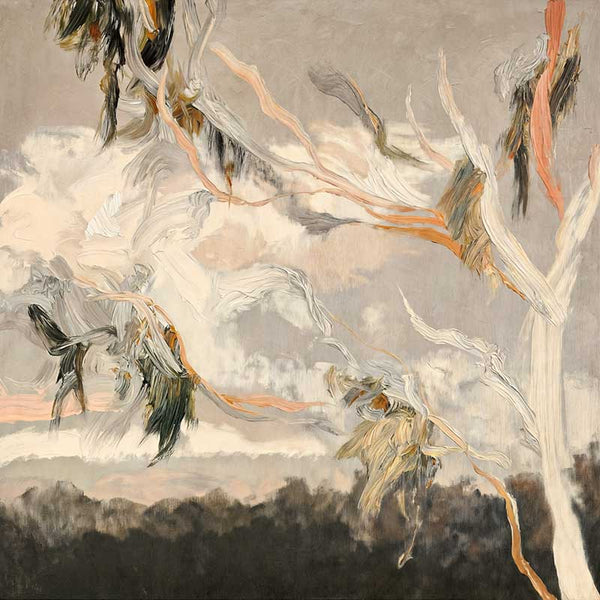 Australian landscape art depicting gum leaves in muted greys, greens, and earthy tones for calm modern interiors.