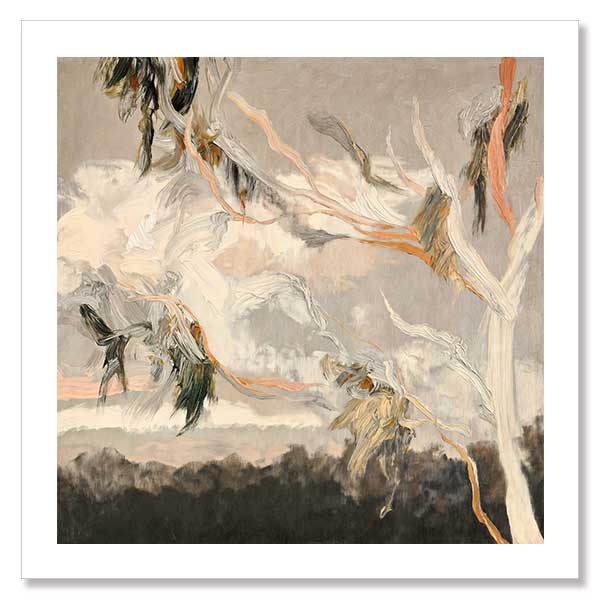 Australian landscape art depicting gum leaves in muted greys, greens, and earthy tones for calm modern interiors.