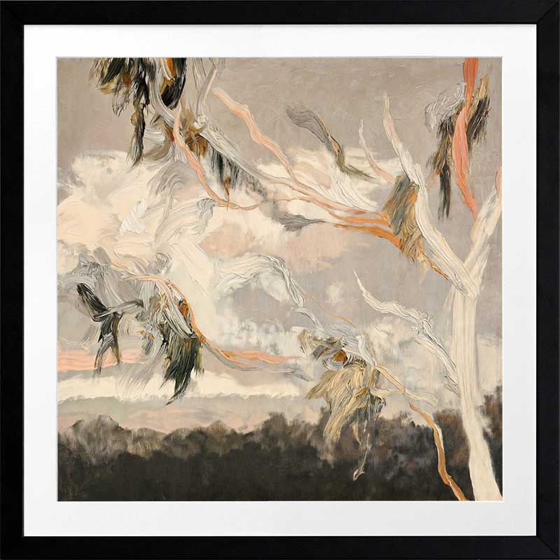 Australian landscape art depicting gum leaves in muted greys, greens, and earthy tones for calm modern interiors.