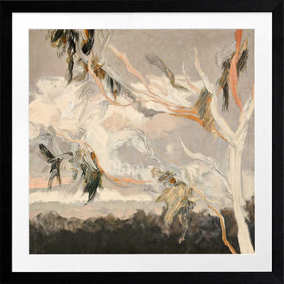 Australian landscape art depicting gum leaves in muted greys, greens, and earthy tones for calm modern interiors.