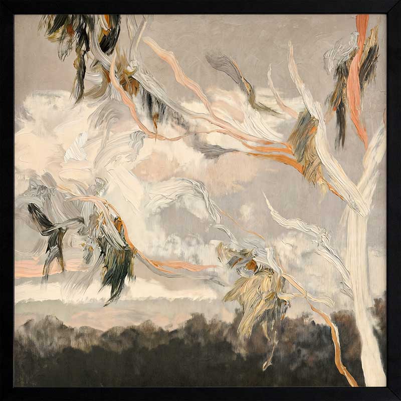 Australian landscape art depicting gum leaves in muted greys, greens, and earthy tones for calm modern interiors.