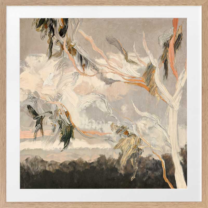 Australian landscape art depicting gum leaves in muted greys, greens, and earthy tones for calm modern interiors.