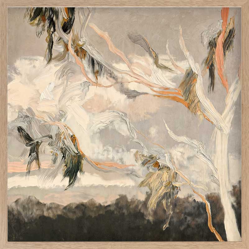 Australian landscape art depicting gum leaves in muted greys, greens, and earthy tones for calm modern interiors.