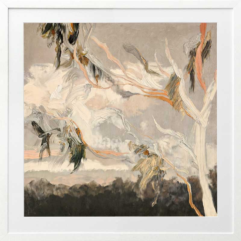 Australian landscape art depicting gum leaves in muted greys, greens, and earthy tones for calm modern interiors.