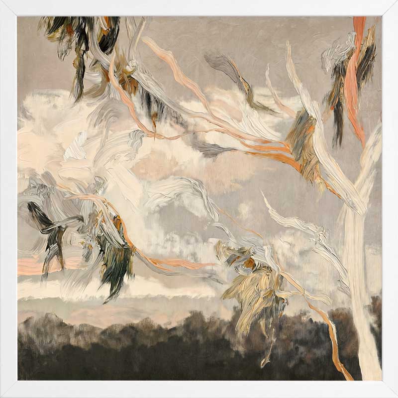 Australian landscape art depicting gum leaves in muted greys, greens, and earthy tones for calm modern interiors.
