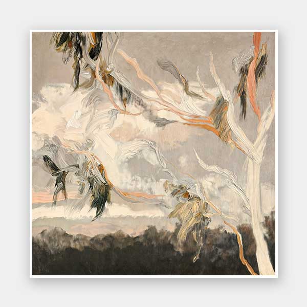 Australian landscape art depicting gum leaves in muted greys, greens, and earthy tones for calm modern interiors.