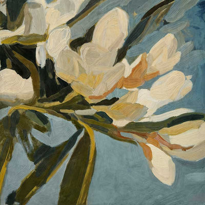 Contemporary floral artwork with creamy white flowers, deep green leaves, and soft blue backgrounds for serene interiors.