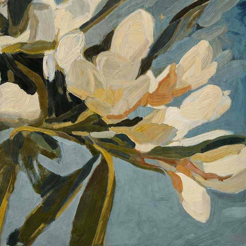 Contemporary floral artwork with creamy white flowers, deep green leaves, and soft blue backgrounds for serene interiors.