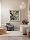 Flowering Hour I floral artwork styled above a soft white chair with a striped wall, styled with flowers and curved decor.