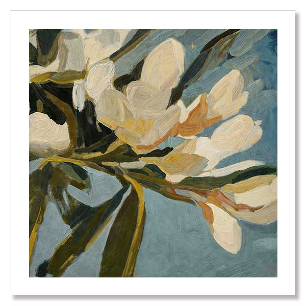 Contemporary floral artwork with creamy white flowers, deep green leaves, and soft blue backgrounds for serene interiors.
