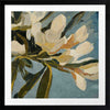 Contemporary floral artwork with creamy white flowers, deep green leaves, and soft blue backgrounds for serene interiors.
