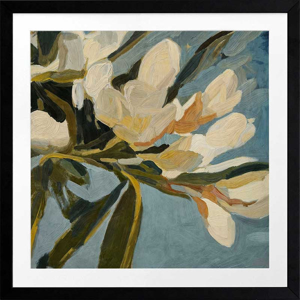 Contemporary floral artwork with creamy white flowers, deep green leaves, and soft blue backgrounds for serene interiors.
