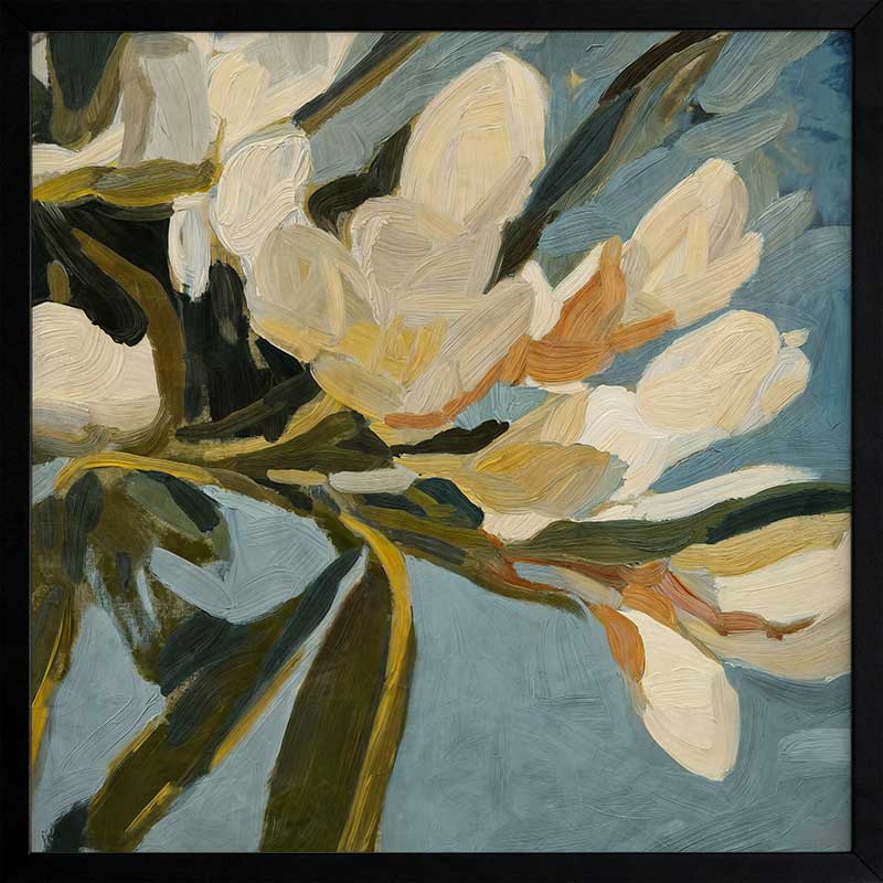 Contemporary floral artwork with creamy white flowers, deep green leaves, and soft blue backgrounds for serene interiors.