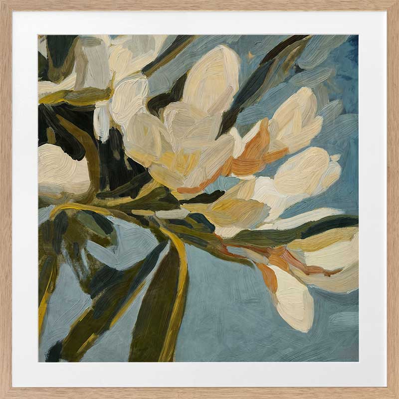 Contemporary floral artwork with creamy white flowers, deep green leaves, and soft blue backgrounds for serene interiors.