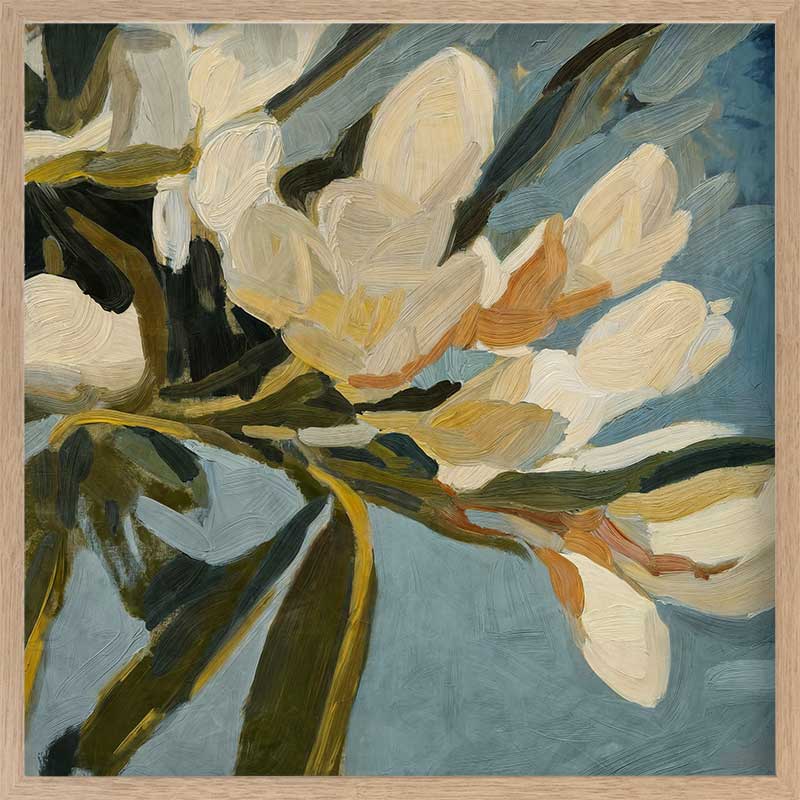Contemporary floral artwork with creamy white flowers, deep green leaves, and soft blue backgrounds for serene interiors.