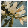 Contemporary floral artwork with creamy white flowers, deep green leaves, and soft blue backgrounds for serene interiors.