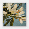 Contemporary floral artwork with creamy white flowers, deep green leaves, and soft blue backgrounds for serene interiors.