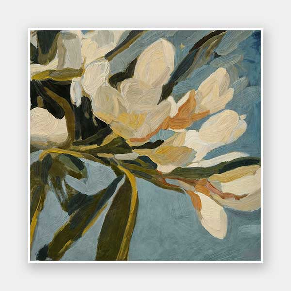 Contemporary floral artwork with creamy white flowers, deep green leaves, and soft blue backgrounds for serene interiors.