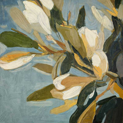 Contemporary floral artwork with creamy white flowers, deep green leaves, and soft blue backgrounds for serene interiors.