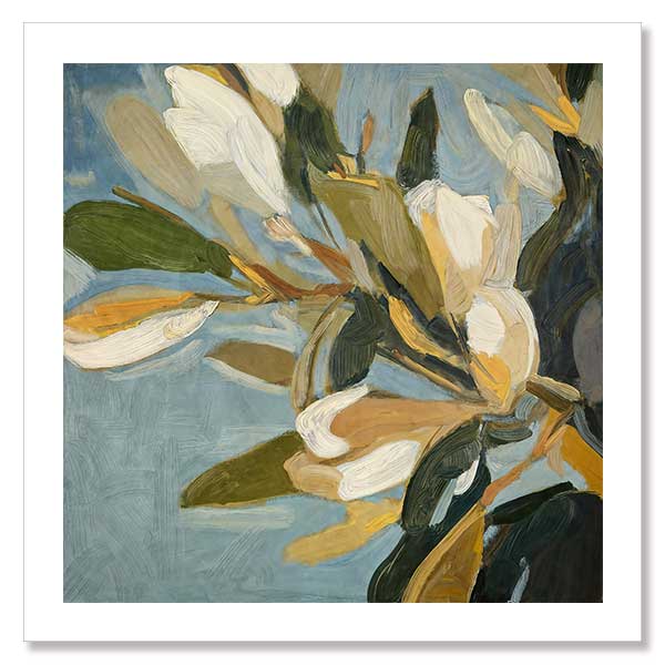 Contemporary floral artwork with creamy white flowers, deep green leaves, and soft blue backgrounds for serene interiors.