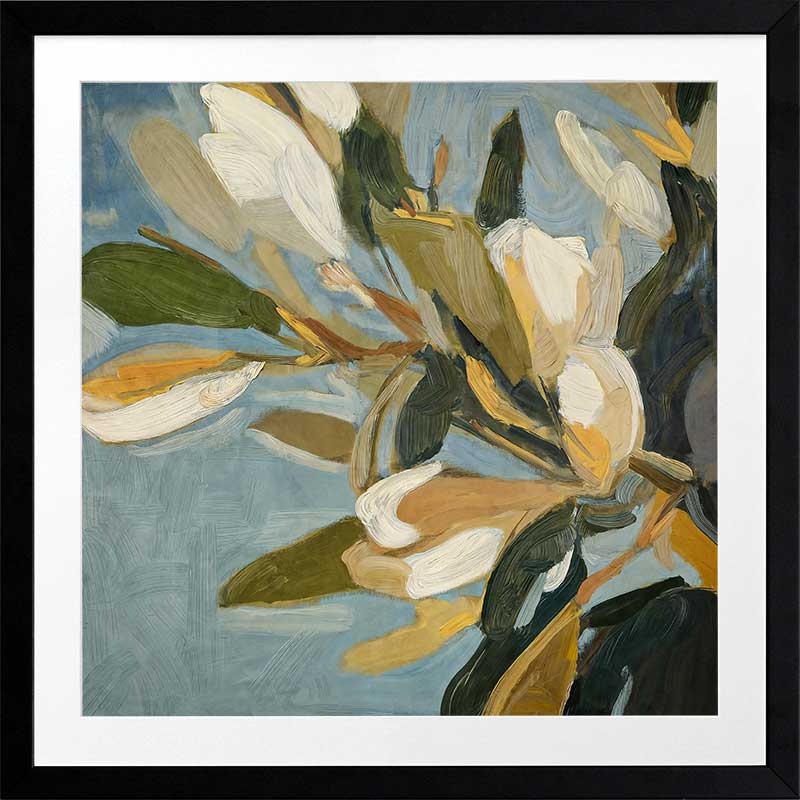 Contemporary floral artwork with creamy white flowers, deep green leaves, and soft blue backgrounds for serene interiors.